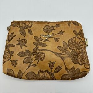 Cuoieria Fiorentina Brown Floral Hand Tooled Leather Wristlet